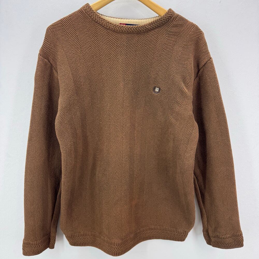 Chaps Brown Herringbone Knit Sweater Cotton Thick M Grandpacore Chunky Cottage